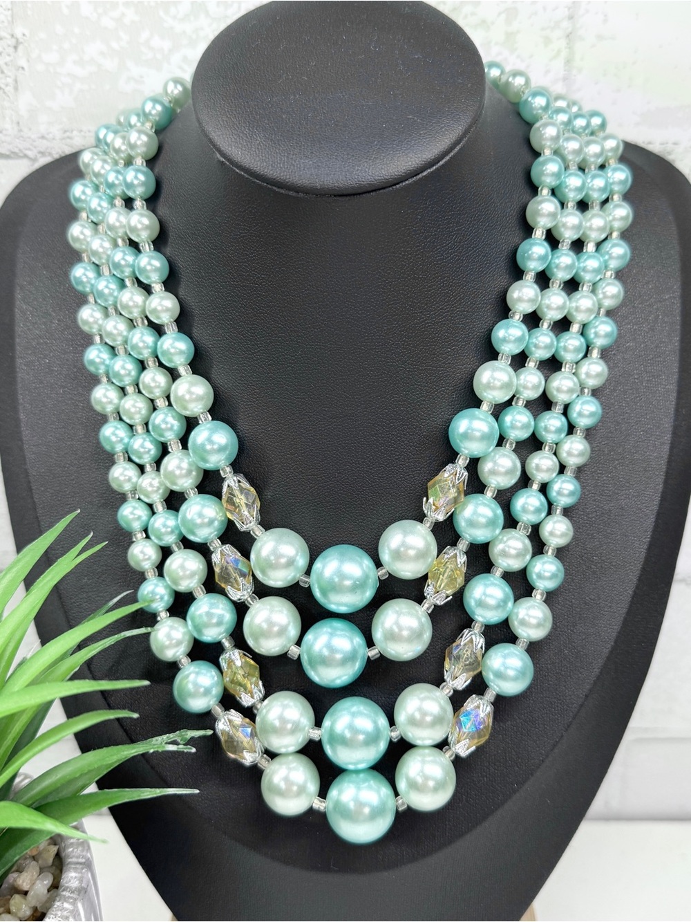 VTG 60s Japan Seafoam Green Faux Pearl Yellow AB Acrylic Bead 4 Strand Necklace